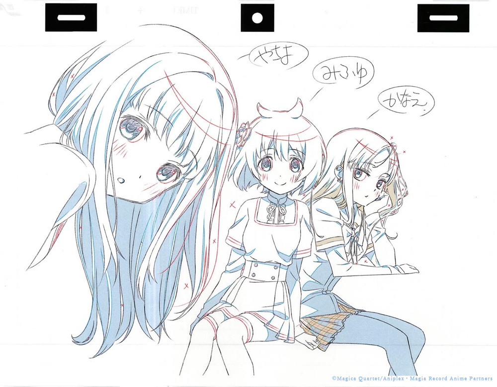 3girls, :o, animation_paper, aniplex, arms_at_sides, artist_request, azusa_mifuyu, bangs, blunt_bangs, center_frills, character_name, close-up, closed_mouth, dot_nose, dress_shirt, ear_piercing, earrings, elbow_rest, expressionless, eyebrows_visible_through_hair, face, feet_out_of_frame, flower, frills, hair_behind_ear, hair_between_eyes, hair_flower, hair_ornament, hand_on_own_cheek, hand_on_own_face, head_rest, high-waist_skirt, high_collar, jewelry, jitome, key_frame, knees_together_feet_apart, layered_sleeves, leaning, leaning_to_the_side, light_blush, long_hair, long_sleeves, looking_at_viewer, looking_back, magia_record:_mahou_shoujo_madoka_magica_gaiden, mahou_shoujo_madoka_magica, mizuna_girls'_academy_uniform, multiple_girls, nanami_yachiyo, neck_ribbon, official_art, pantyhose, parted_bangs, parted_lips, partially_colored, piercing, plaid, plaid_skirt, pleated_skirt, production_art, ribbon, ring, sakae_general_school_uniform, school_uniform, shirt, short_hair, short_over_long_sleeves, short_sleeves, side-by-side, sideways_glance, simple_background, skirt, smile, spiky_hair, straight_hair, thigh-highs, upper_body, white_background, yukino_kanae, zettai_ryouiki