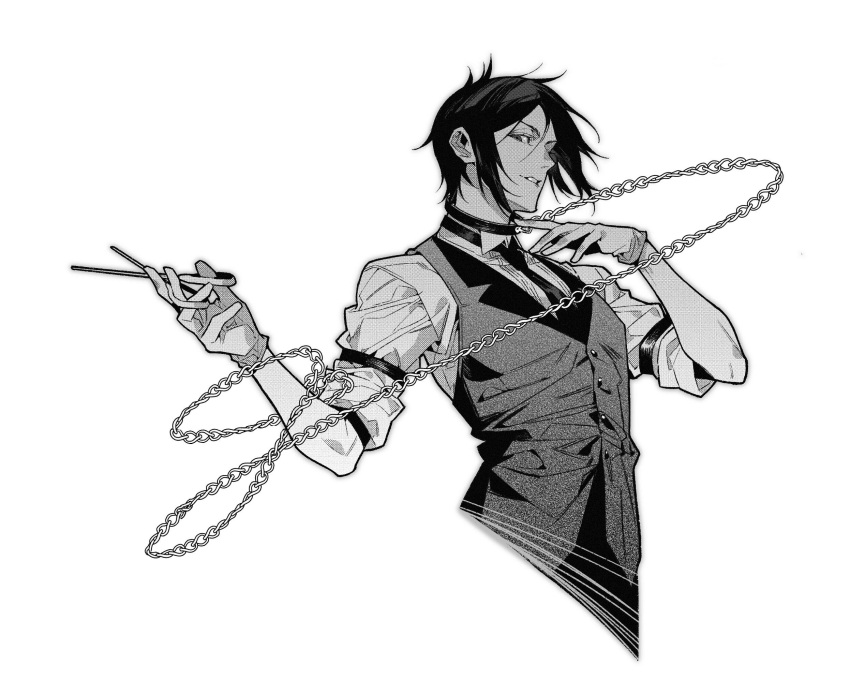 1boy, al_(ahr), black_hair, butler, buttons, chain, collar, gloves