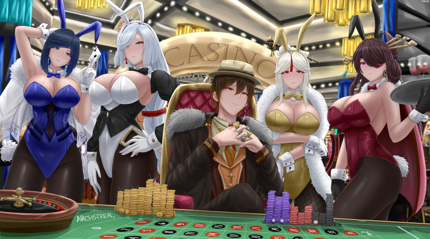 1boy, 4girls, animal_ears, archstreal, arm_under_breasts, arm_up, armpits, bangs