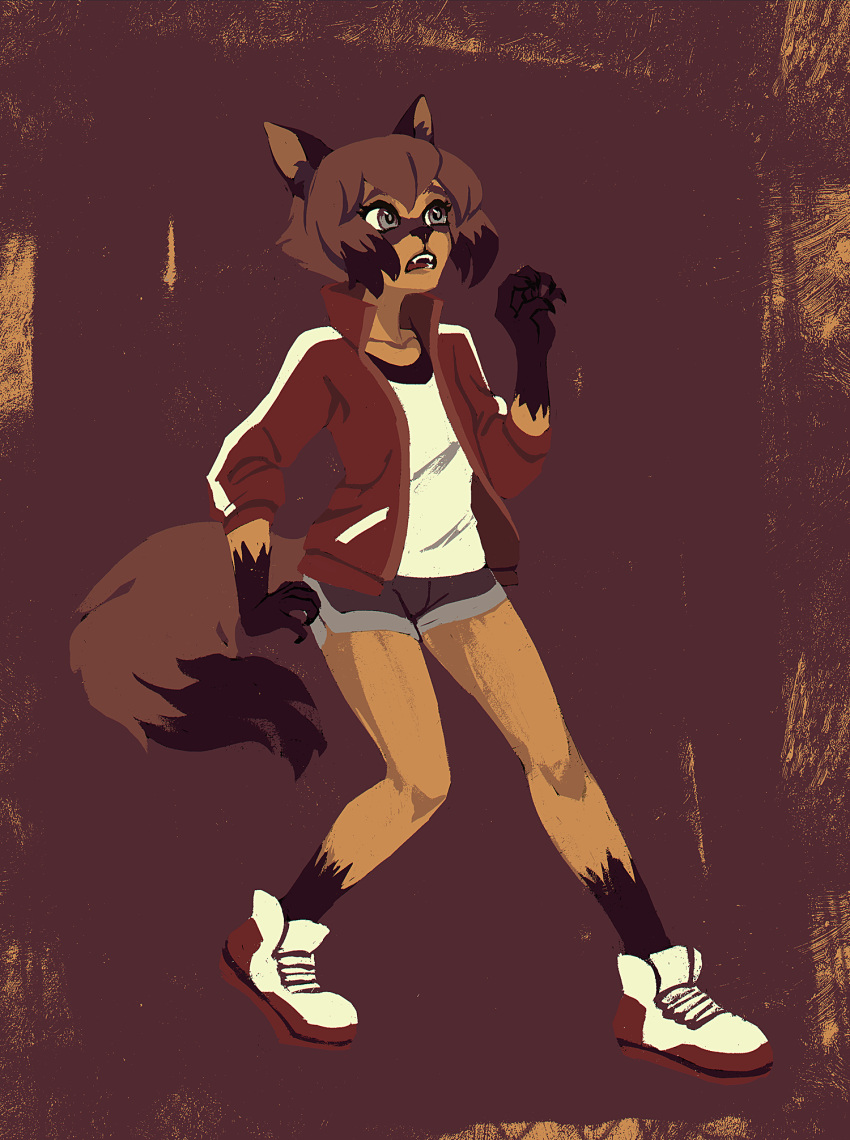 1girl, animal_ears, bangs, blue_shorts, brand_new_animal, commentary, english_commentary, full_body, furry, furry_female, highres, jacket, kagemori_michiru, limited_palette, looking_afar, open_mouth, raccoon_ears, raccoon_girl, raccoon_tail, red_jacket, shirt, shoes, short_hair, shorts, sneakers, solo, tail, weird--fish, white_footwear, white_shirt