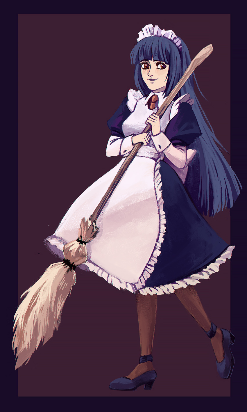1girl, alice_(ragnarok_online), apron, bangs, black_dress, black_footwear, blue_hair, blunt_bangs