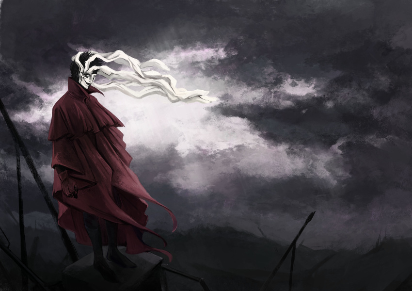 1boy, absurdres, black_footwear, black_hair, boots, closed_mouth, coat, commentary, ergo_proxy, ergo_proxy_(character), full_body, gloves, grey_sky, highres, male_focus, mask, overcast, red_coat, red_gloves, ruins, short_hair, smile, solo, standing, weird--fish