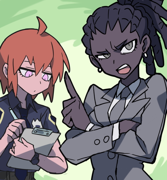 2girls, black_hair, dark_skin, earrings, grey_jacket, helltaker, jacket, jewelry
