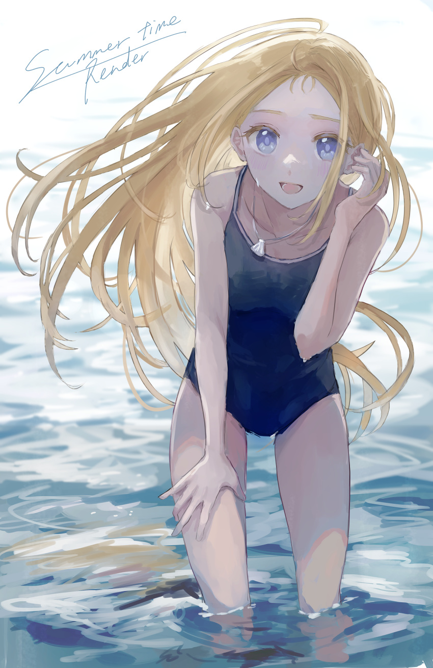 1girl, absurdres, ahoge, blonde_hair, blue_swimsuit, commentary_request, competition_school_swimsuit, highres