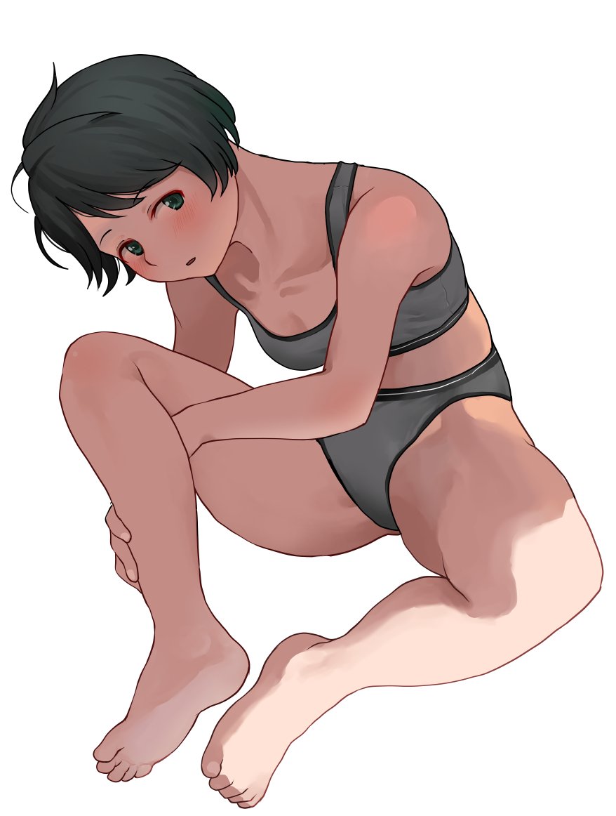 1girl, bangs, black_hair, bra, breasts, green_eyes, grey_bra, grey_panties, kantai_collection, mogami_(kancolle), panties, short_hair, simple_background, sitting, small_breasts, solo, sports_bra, swept_bangs, tooku_nomura_(artist), underwear, underwear_only, white_background
