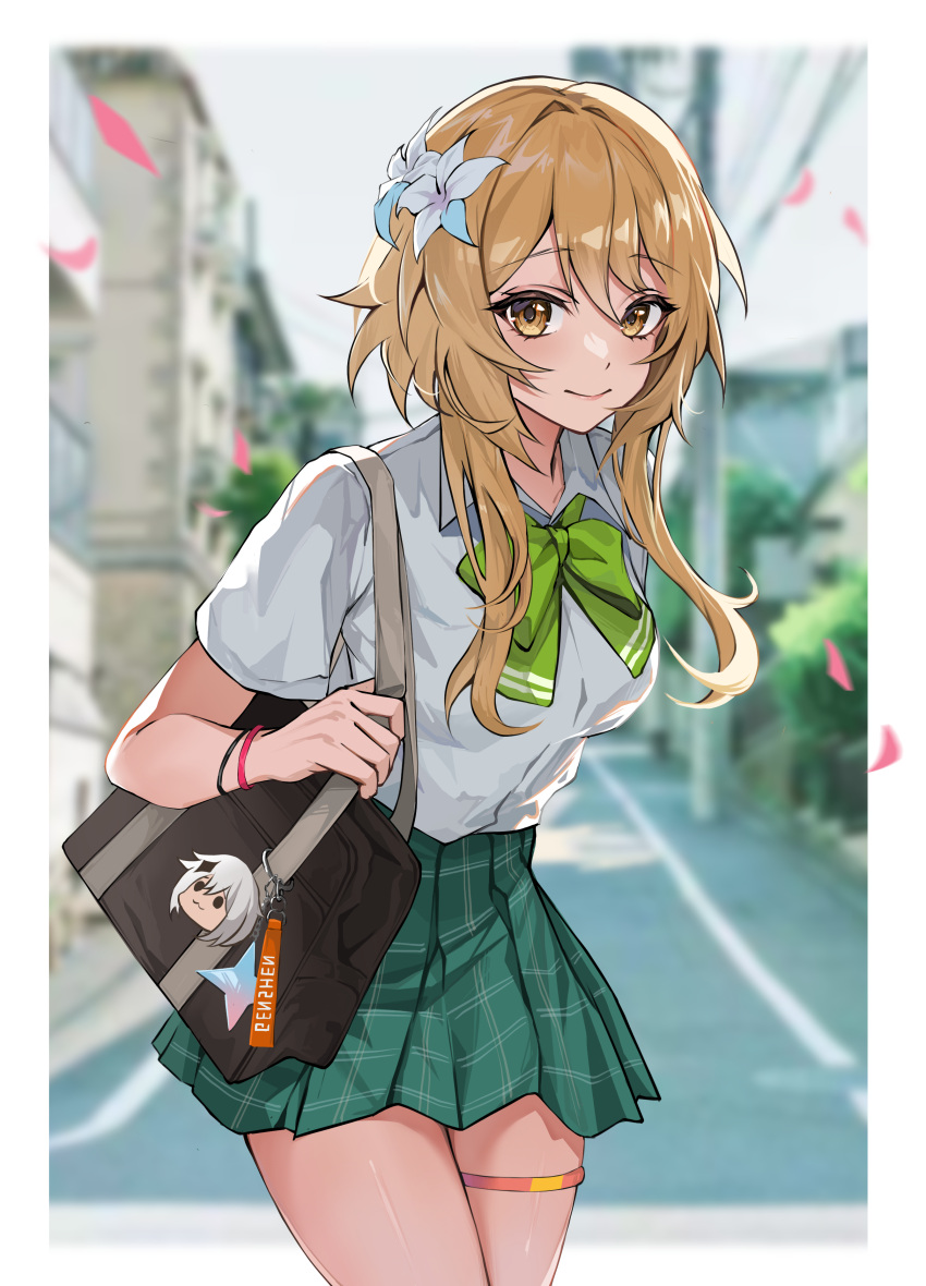 1girl, absurdres, alternate_costume, bag, bangs, blonde_hair, breasts, commentary, contemporary, cowboy_shot, eyebrows_visible_through_hair, flower, genshin_impact, green_skirt, hair_flower, hair_ornament, highres, looking_at_viewer, lumine_(genshin_impact), medium_breasts, miniskirt, outdoors, paimon_(genshin_impact), paradox, petals, pleated_skirt, shirt, short_hair_with_long_locks, short_sleeves, skirt, smile, solo, standing, thigh_strap, thighs, white_flower, white_shirt, yellow_eyes