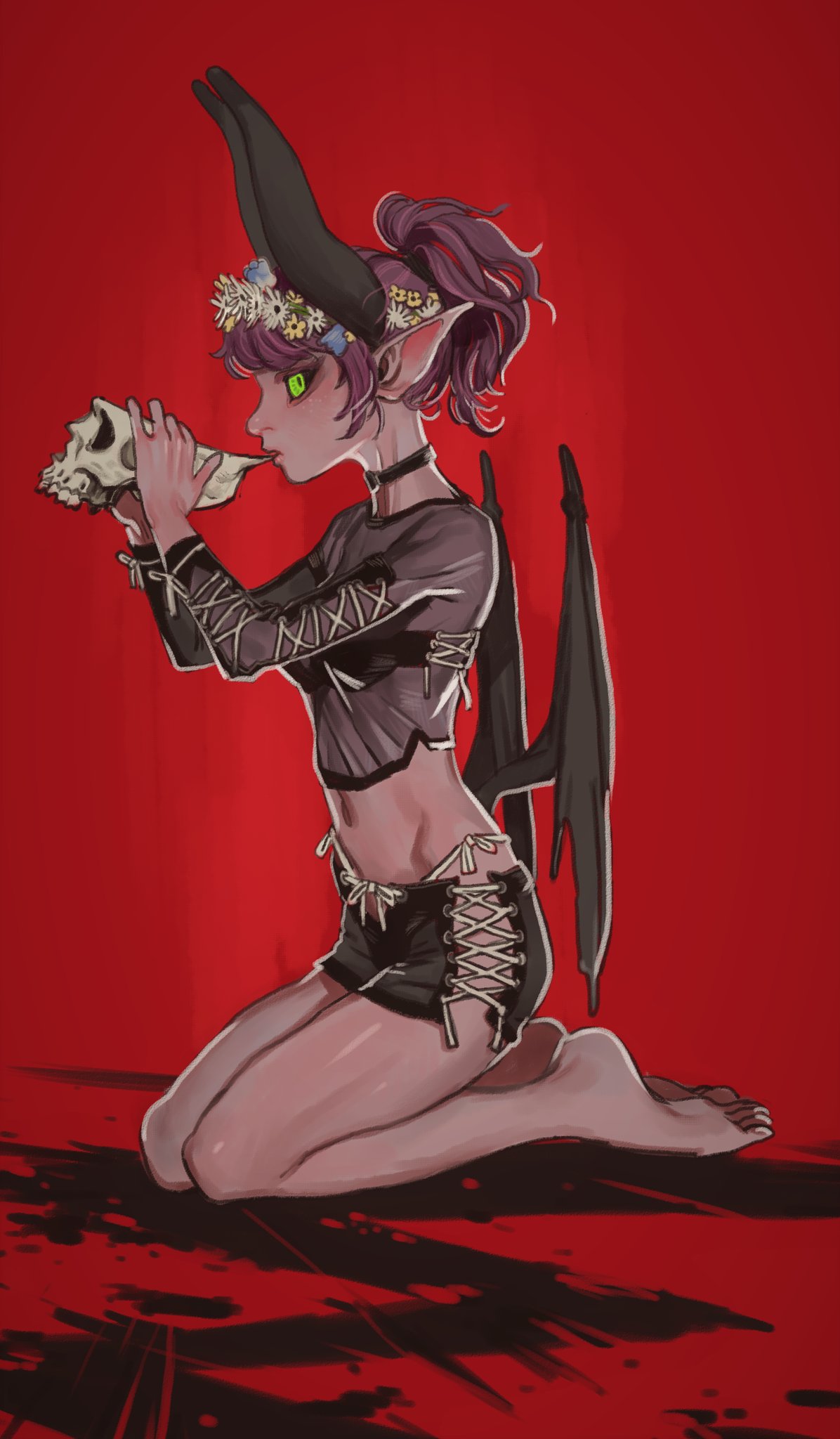 1girl, barefoot, black_choker, black_sclera, black_shorts, borrowed_character, choker, colored_sclera
