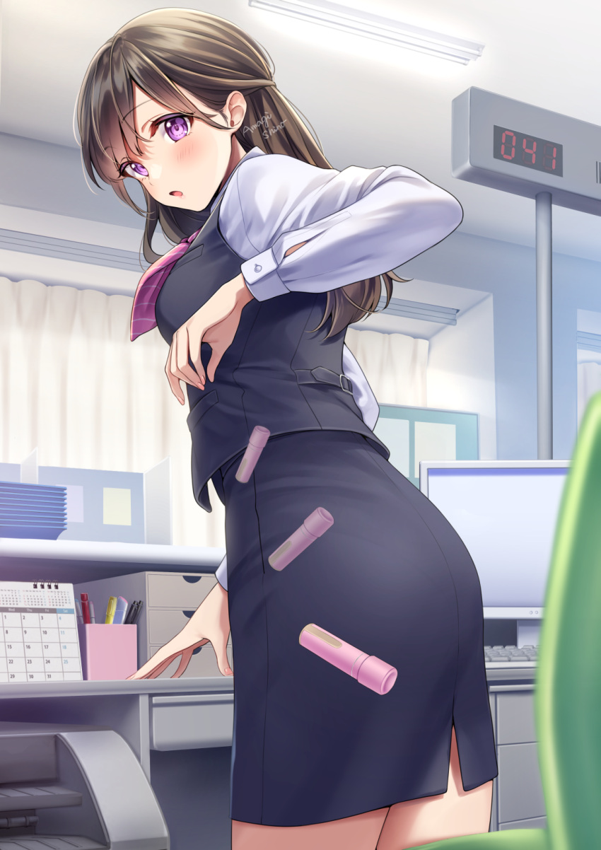 1girl, amagi_shino, artist_name, blush, brown_hair, calendar_(object), commentary_request, dropping