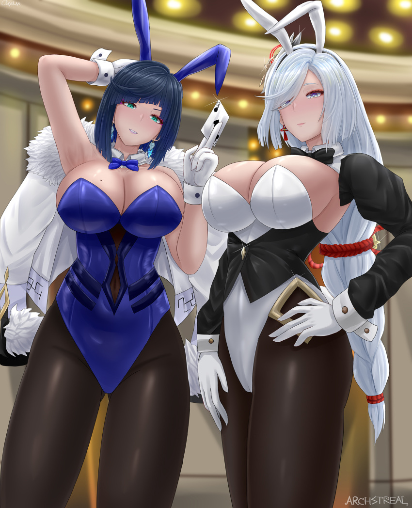 2girls, animal_ears, archstreal, bangs, black_hair, black_legwear, blue_eyes, blue_hair