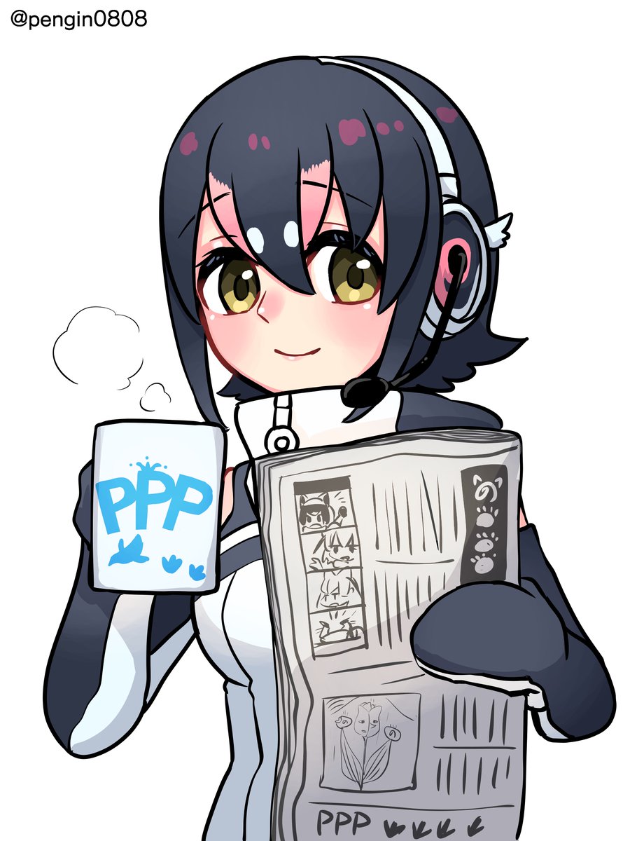 1girl, animal_costume, black_hair, cup, gloves, headphones, highres, humboldt_penguin_(kemono_friends), kemono_friends, kemono_friends_v_project, looking_at_viewer, multicolored_hair, newspaper, pengin0808, penguin_costume, shirt, short_hair, simple_background, smile, solo, tail, virtual_youtuber, white_background