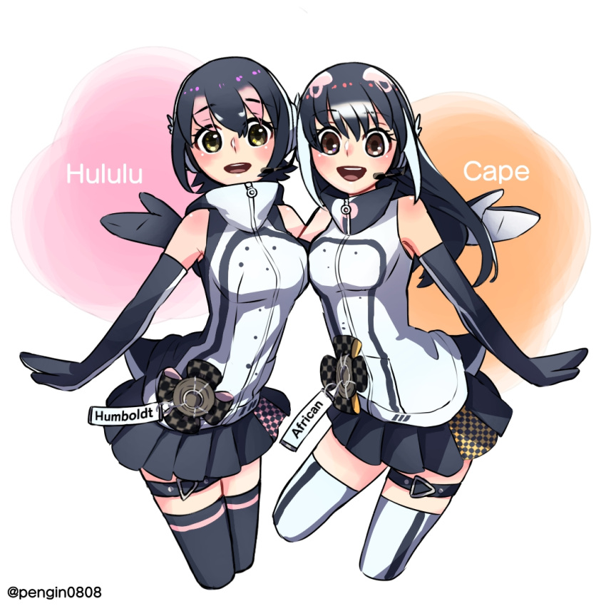 2girls, african_penguin_(kemono_friends), animal_costume, black_eyes, black_hair, headphones, humboldt_penguin_(kemono_friends), kemono_friends
