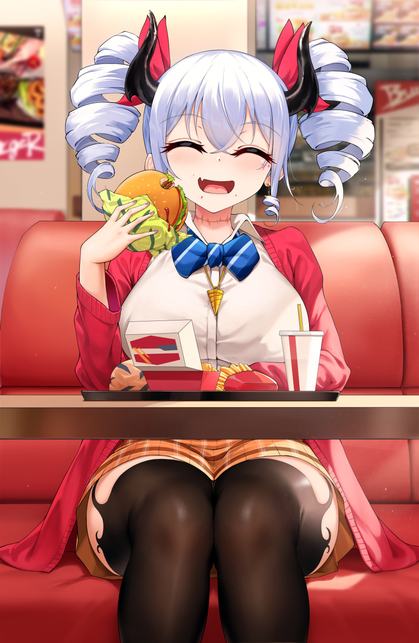 1girl, :d, absurdres, bangs, blue_bow, blue_bowtie, blurry, blurry_background, blush, bow, bowtie, breasts, brown_legwear, burger, closed_eyes, cup, demon_horns, disposable_cup, drill_hair, drinking_straw, earrings, eating, eyebrows_visible_through_hair, facing_viewer, fang, feet_out_of_frame, food, french_fries, grey_hair, hair_ribbon, highres, holding, holding_food, horns, indoors, jacket, jewelry, large_breasts, long_hair, long_sleeves, niliu_chahui, open_clothes, open_jacket, original, red_jacket, red_ribbon, ribbon, shione_(niliu_chahui), shirt, sitting, smile, solo, striped, striped_bow, striped_bowtie, thigh-highs, twin_drills, twintails, white_shirt