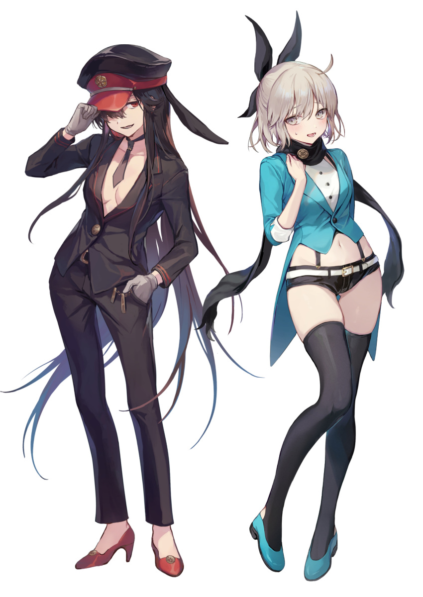 2girls, ahoge, animal_ears, badge, bangs, belt, black_bow, black_hair
