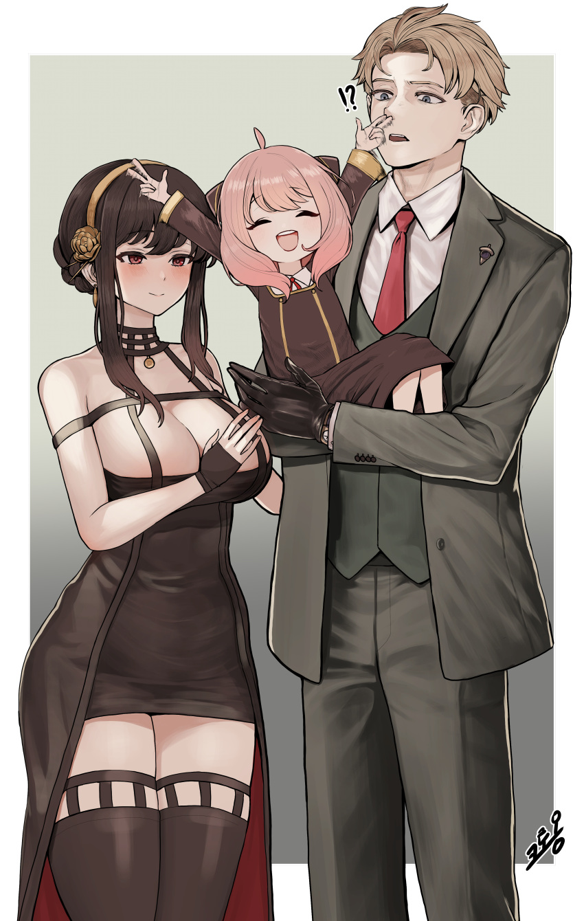 !?, 1boy, 2girls, ^_^, ^o^, absurdres, ahoge, anya_(spy_x_family)