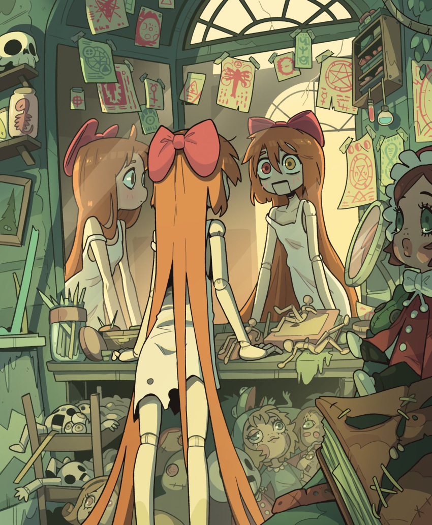 1girl, blush_stickers, carles_dalmau, commentary, different_reflection, doll, doll_head, doll_joints