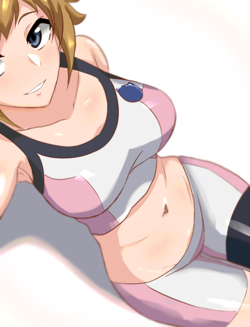1girl, absurdres, bike_shorts, blue_eyes, breasts, brown_hair, collarbone, gundam, gundam_build_fighters, gundam_build_fighters_try, highres, hoshino_fumina, jeminiremu, medium_breasts, midriff, navel, parted_lips, selfie, shadow, shorts, sitting, smile, solo, tank_top, white_background, white_shorts, white_tank_top