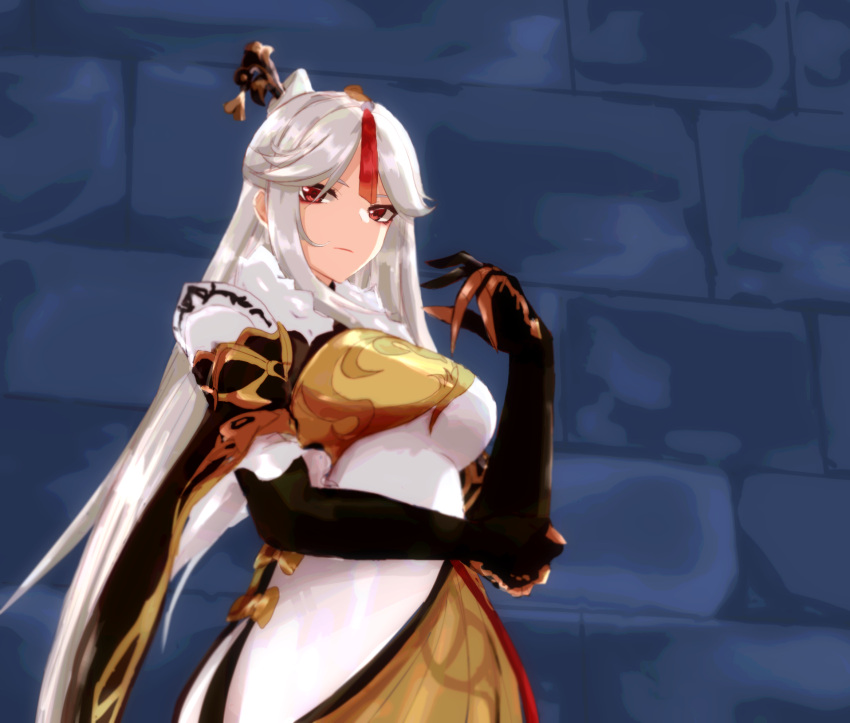 1girl, black_gloves, breasts, elbow_gloves, expressionless, eyebrows_behind_hair, genshin_impact, gloves
