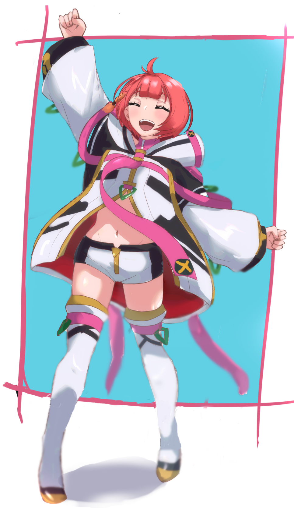 1girl, :d, ^_^, blue_background, blush, border, clenched_hands, closed_eyes