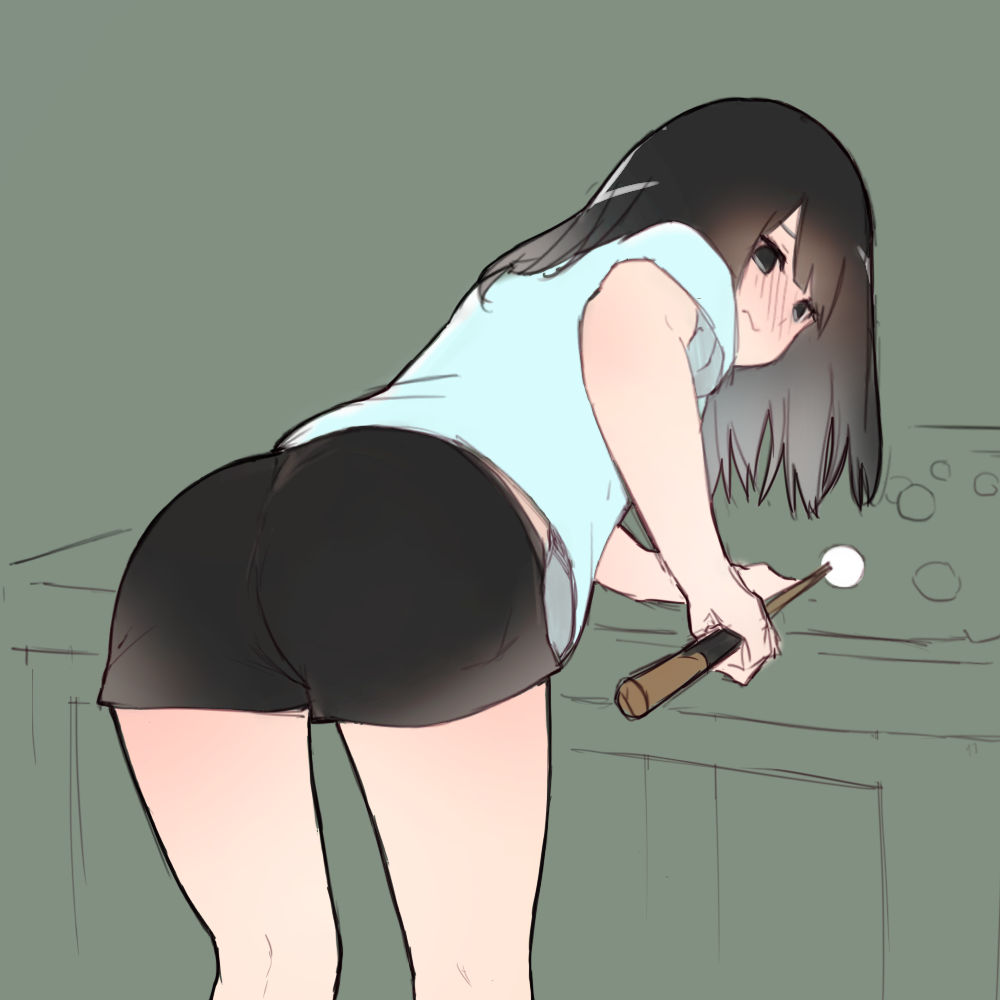 13o, 1girl, ass, ball, bent_over, billiard_ball, billiards, black_eyes
