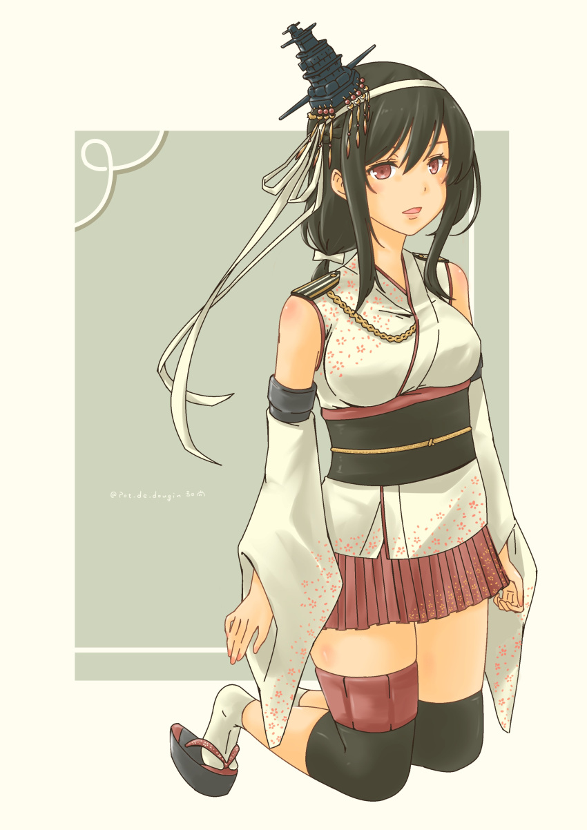 1girl, bare_shoulders, black_hair, blush, breasts, detached_sleeves, eyebrows_visible_through_hair, floral_print, gradient, gradient_background, hair_ornament, hair_ribbon, highres, japanese_clothes, kantai_collection, large_breasts, nontraditional_miko, pot_de_dougin, red_eyes, remodel_(kantai_collection), ribbon, short_hair, signature, solo, upper_body, wide_sleeves, yamashiro_(kancolle), yamashiro_(kantai_collection)