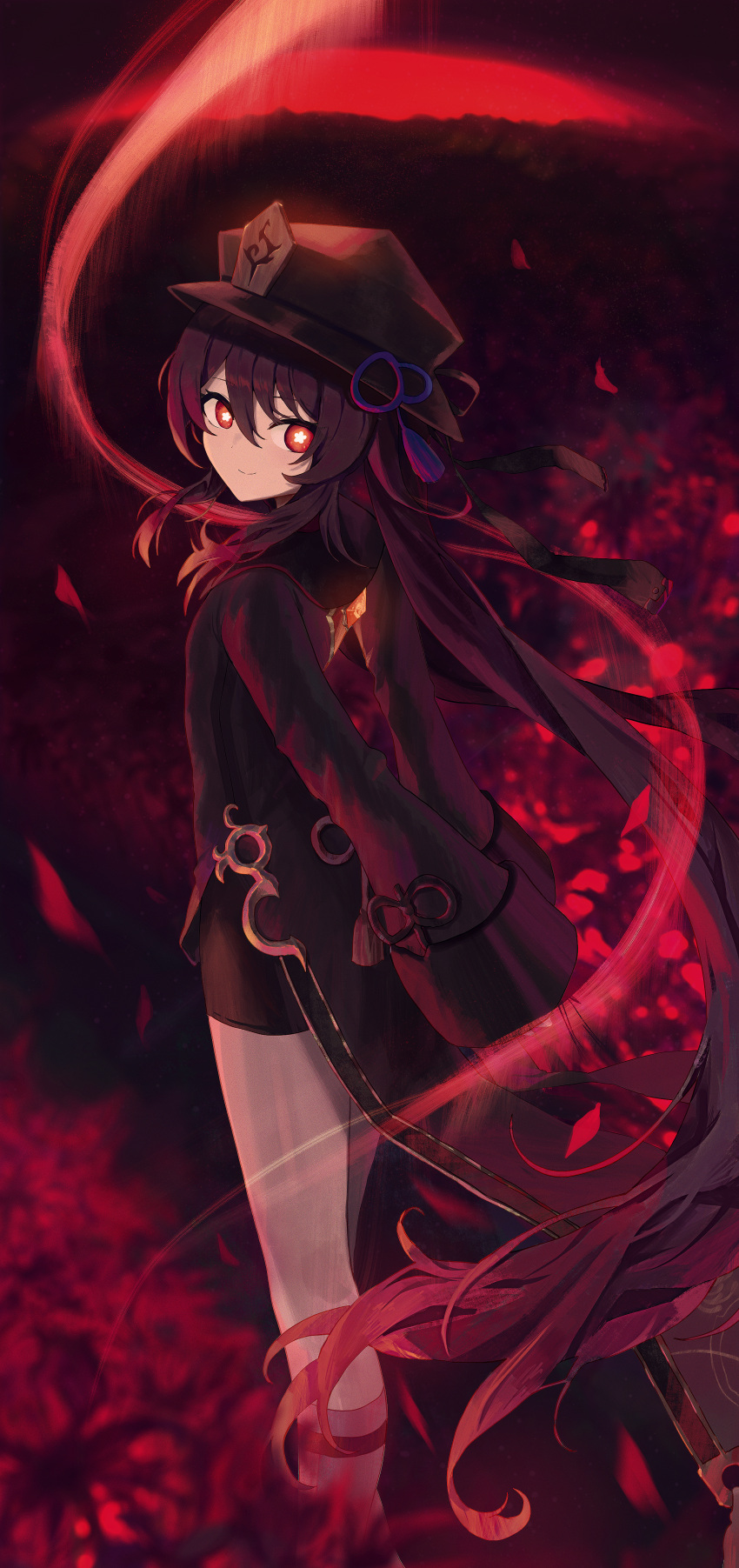 1girl, absurdres, arms_behind_back, bare_legs, black_shirt, black_shorts, chinese_clothes, chinese_hat