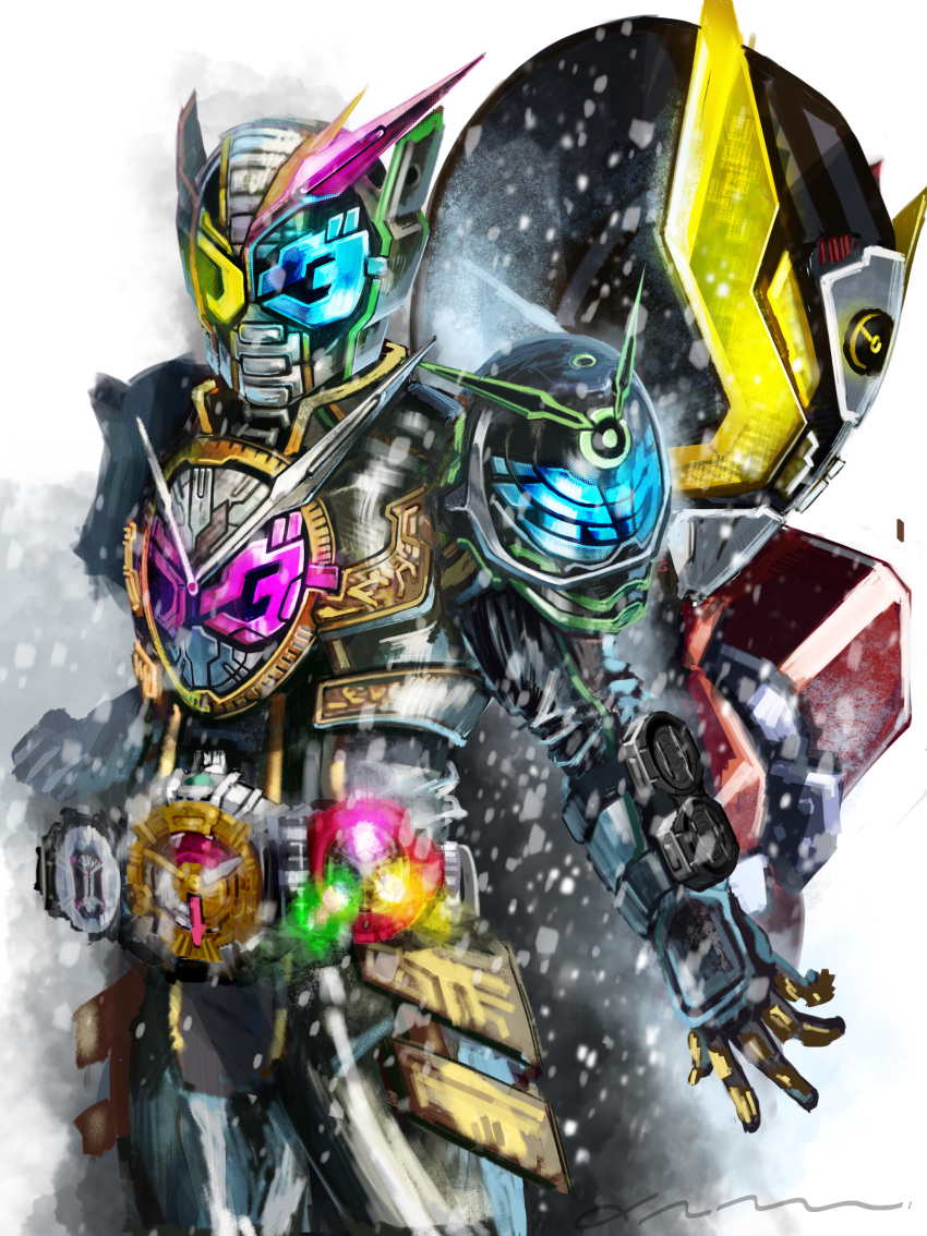 3boys, absurdres, blue_eyes, book, clenched_hand, driver_(kamen_rider), fusion, gold_armor