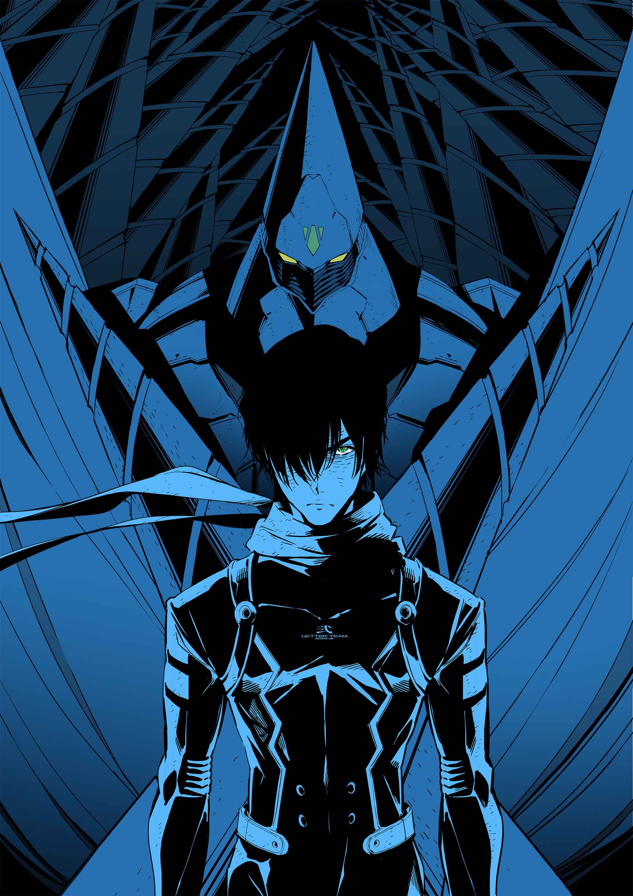 1boy, absurdres, bangs, cover, cover_image, cover_page, drill, eyebrows_behind_hair, getter-2_(devolution), getter_robo, getter_robo_devolution, green_eyes, hair_over_one_eye, highres, jin_hayato_(devolution), male_focus, manga_cover, mecha, monochrome, official_art, pilot_suit, scarf, science_fiction, shimizu_eiichi, shimoguchi_tomohiro, solo, super_robot, textless, v-shaped_eyebrows, yellow_eyes