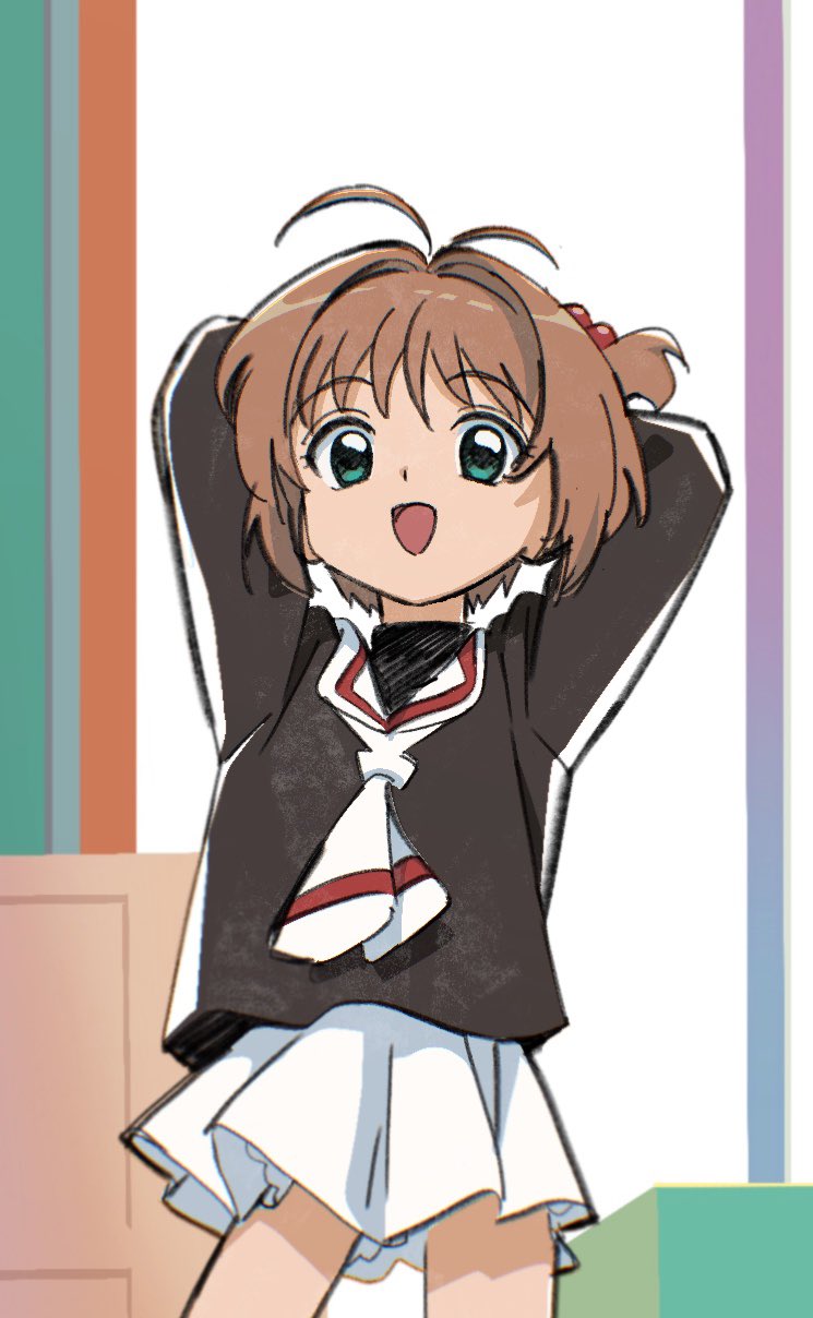 1girl, arms_behind_head, brown_hair, cardcaptor_sakura, child, green_eyes, highres, kinomoto_sakura
