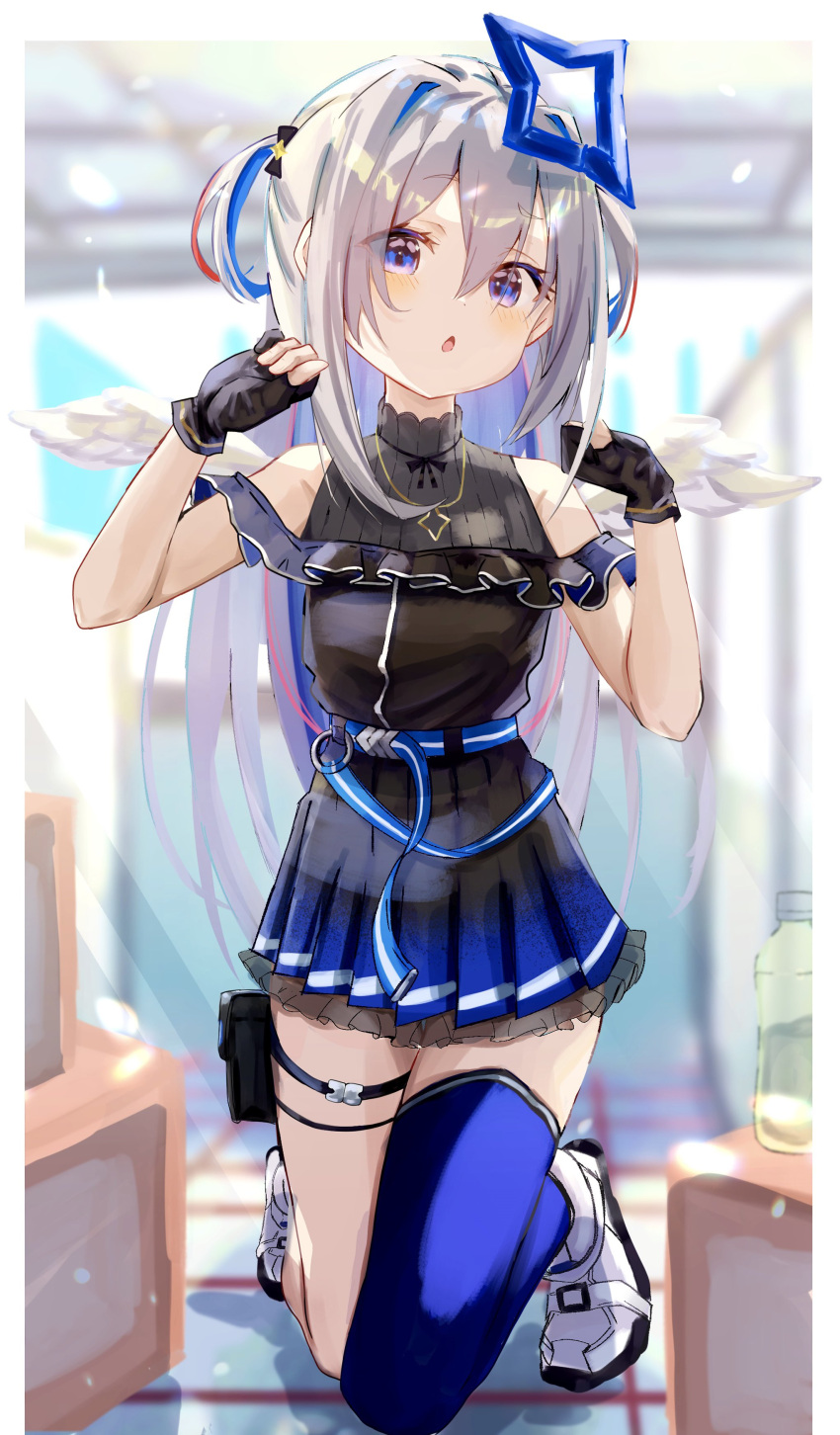 1girl, absurdres, amane_kanata, angel_wings, belt, blue_hair, colored_inner_hair, frills, gloves, highres, hololive, long_hair, miniskirt, multicolored_hair, nosu_(pewk_x4b), partially_fingerless_gloves, shoes, silver_hair, single_thighhigh, skirt, sleeveless, sneakers, solo, streaked_hair, thigh-highs, thigh_pouch, thigh_strap, two_side_up, violet_eyes, virtual_youtuber, wings, zettai_ryouiki