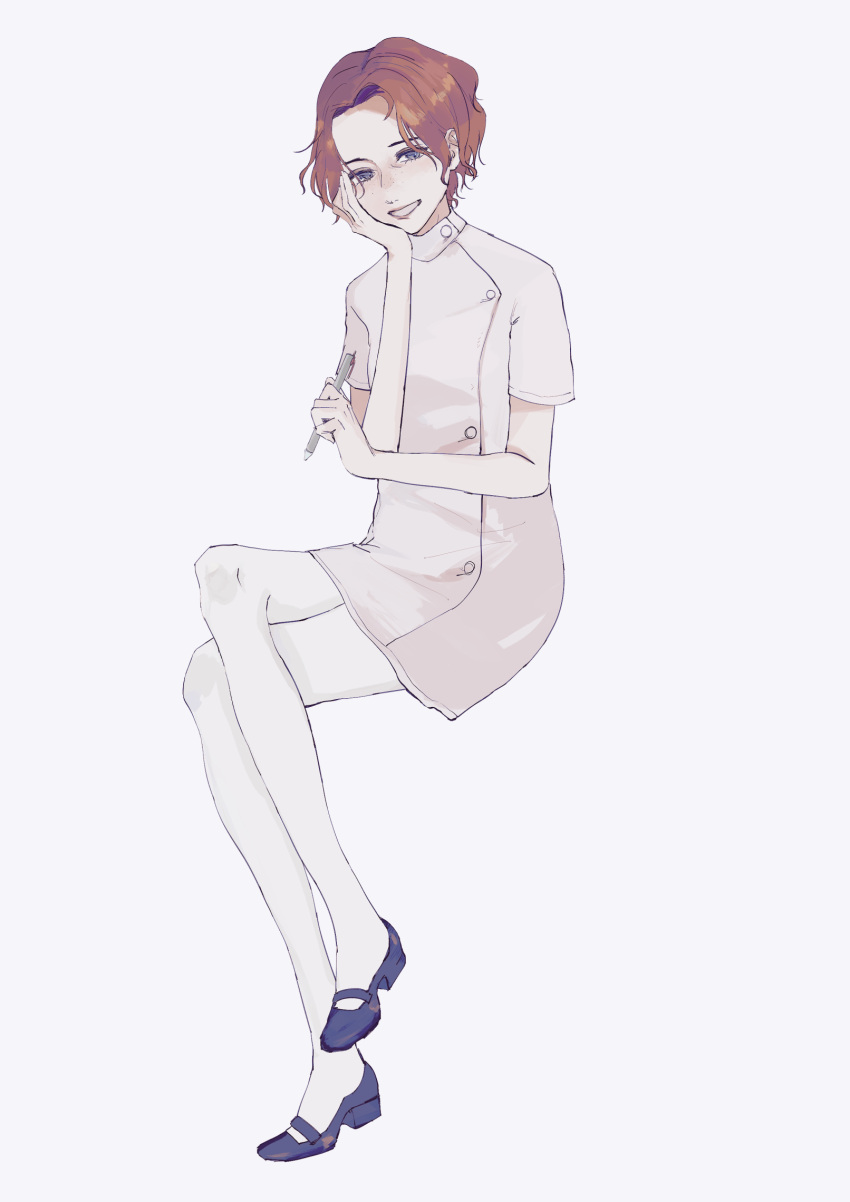 1girl, apex_legends, bangs, blue_eyes, blue_footwear, crossed_legs, flat_chest, hair_behind_ear