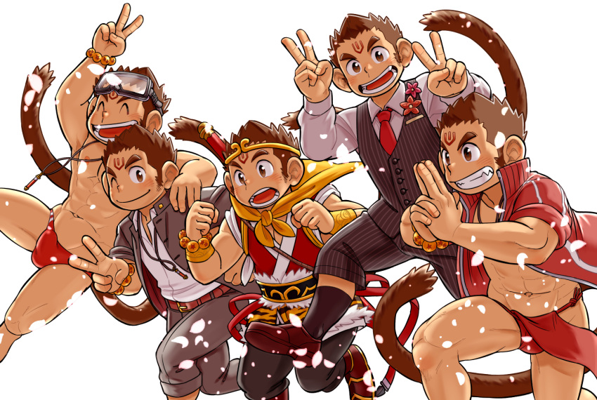 5boys, abs, animal_ears, bead_bracelet, beads, black_legwear, blush, bracelet