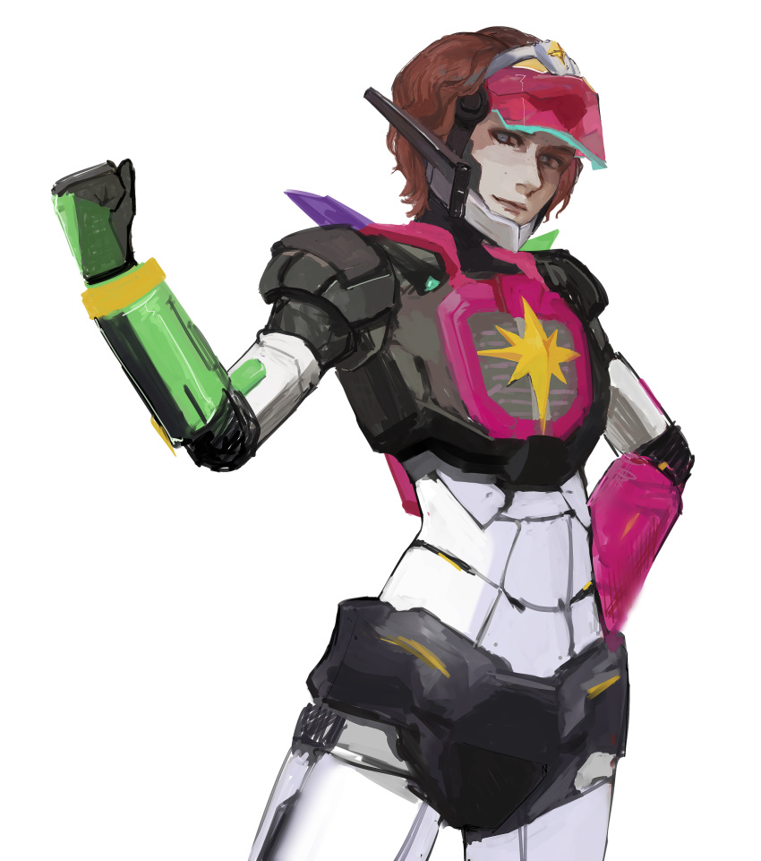 1girl, absurdres, apex_legends, black_gloves, blue_eyes, brown_hair, clenched_hand, galactic_guardian_horizon, gloves, hand_on_hip, head_tilt, highres, horizon_(apex_legends), looking_to_the_side, mask, official_alternate_costume, power_armor, rontu, short_hair, solo, white_background