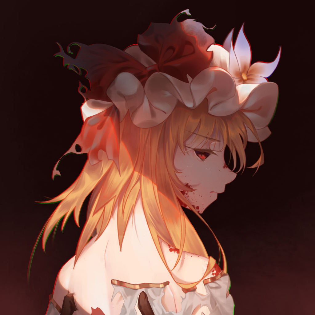 1girl, aier_(2835730563), bare_shoulders, blonde_hair, blood, blood_on_face, bow, closed_mouth