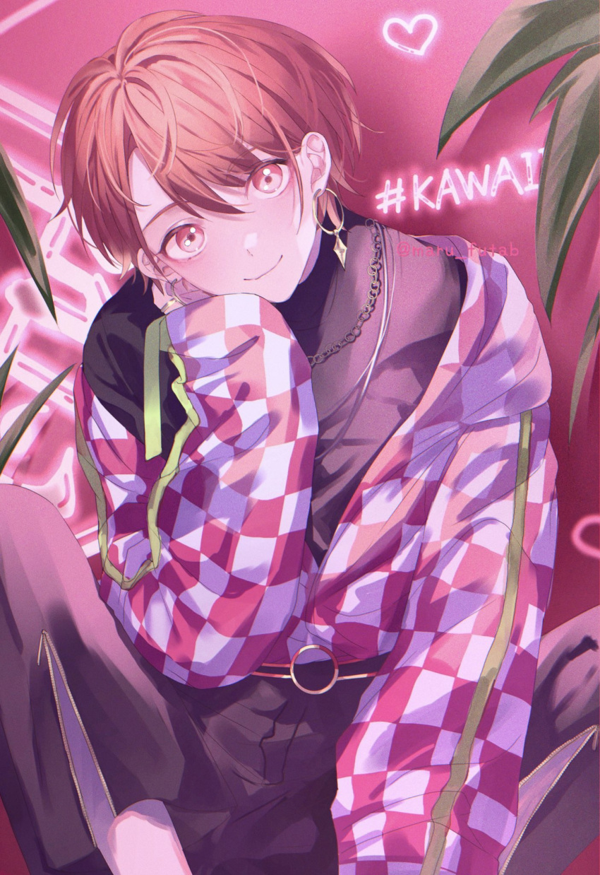 1boy, blush, checkered_clothes, checkered_sleeves, earrings, facing_viewer, head_rest, heart, highres, jewelry, long_sleeves, looking_at_viewer, male_focus, maru_futab, maruyama_reo, paradox_live, pink_background, red_eyes, redhead, short_hair, solo