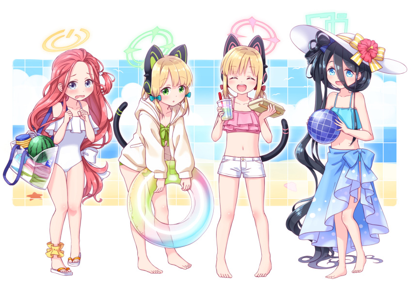 4girls, :d, :o, ^_^, animal_ears, arisu_(blue_archive), bag, ball, bangs, bare_arms, bare_legs, bare_shoulders, barefoot, beachball, bikini, black_hair, blonde_hair, blue_archive, blue_bikini, blue_eyes, blush, bow, casual_one-piece_swimsuit, cat_ear_headphones, cat_ears, cat_tail, chopsticks, closed_eyes, collarbone, commentary_request, cup, day, disposable_cup, drinking_straw, eyebrows_visible_through_hair, fake_animal_ears, flower, forehead, green_bikini, green_eyes, hair_between_eyes, halo, hands_up, harada_(sansei_rain), hat, hat_flower, headphones, hibiscus, highres, holding, holding_ball, holding_chopsticks, holding_cup, holding_innertube, hood, hood_down, hooded_jacket, innertube, jacket, long_hair, midori_(blue_archive), momoi_(blue_archive), multiple_girls, navel, one-piece_swimsuit, open_clothes, open_jacket, parted_lips, pink_bikini, red_flower, redhead, sandals, sarong, short_shorts, shorts, shoulder_bag, side_ponytail, smile, standing, striped, striped_bow, sun_hat, swimsuit, tail, transparent, very_long_hair, wavy_mouth, white_footwear, white_headwear, white_jacket, white_shorts, white_swimsuit, yellow_bow, yuzu_(blue_archive)