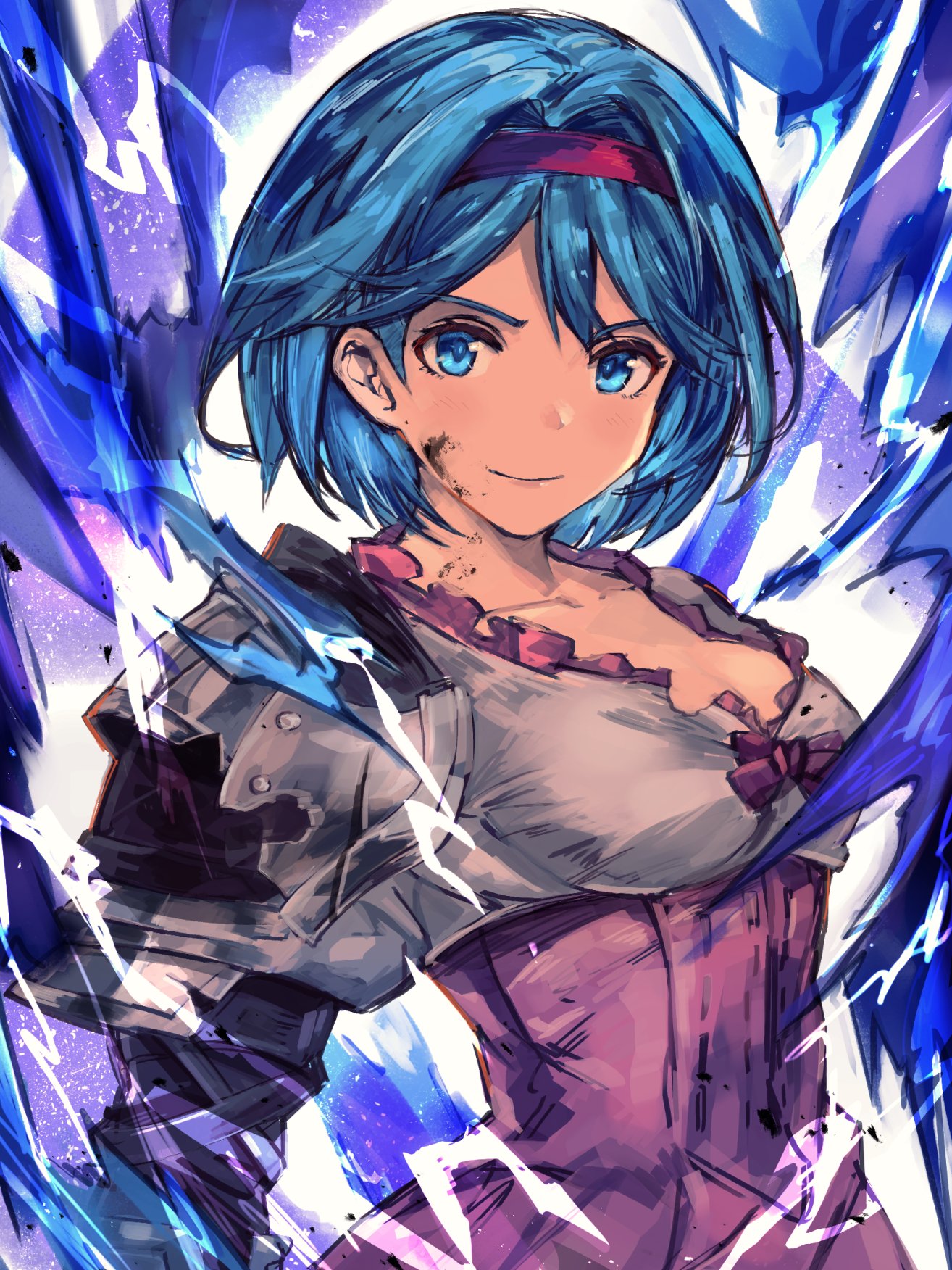 1girl, armor, bangs, blue_eyes, blue_hair, breasts, closed_mouth, collarbone