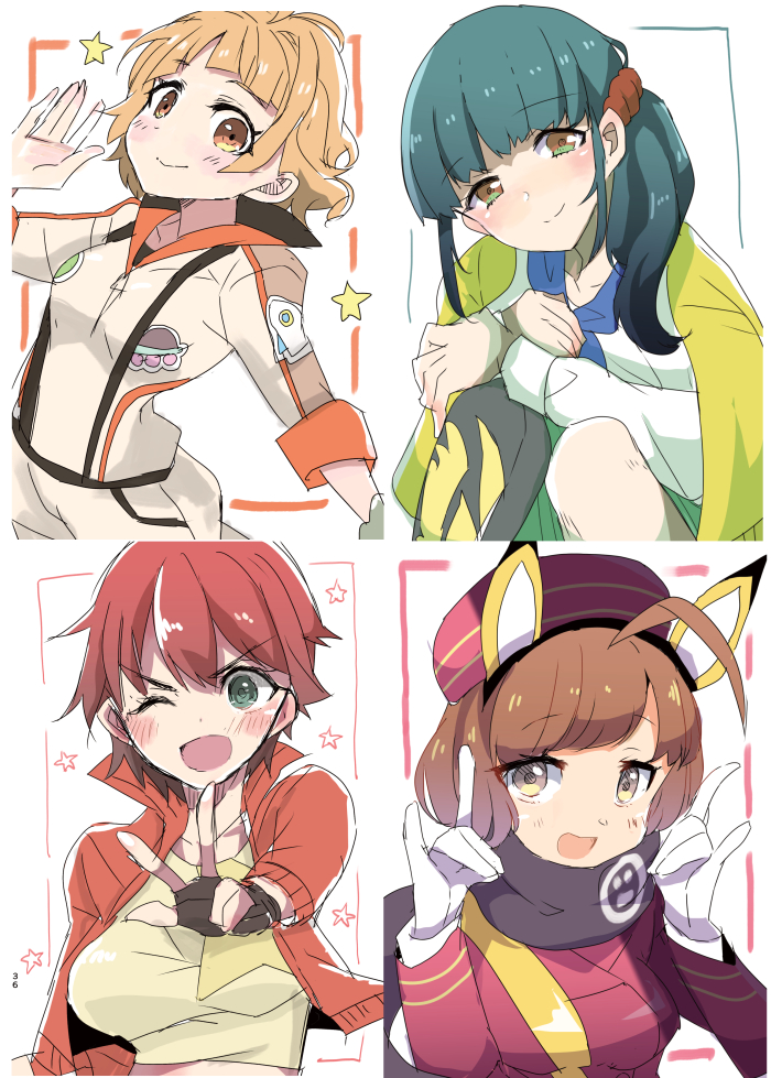 4girls, biei_nanako, black_gloves, blue_hair, brown_jumpsuit, eyebrows_visible_through_hair, fingerless_gloves, fox_shadow_puppet