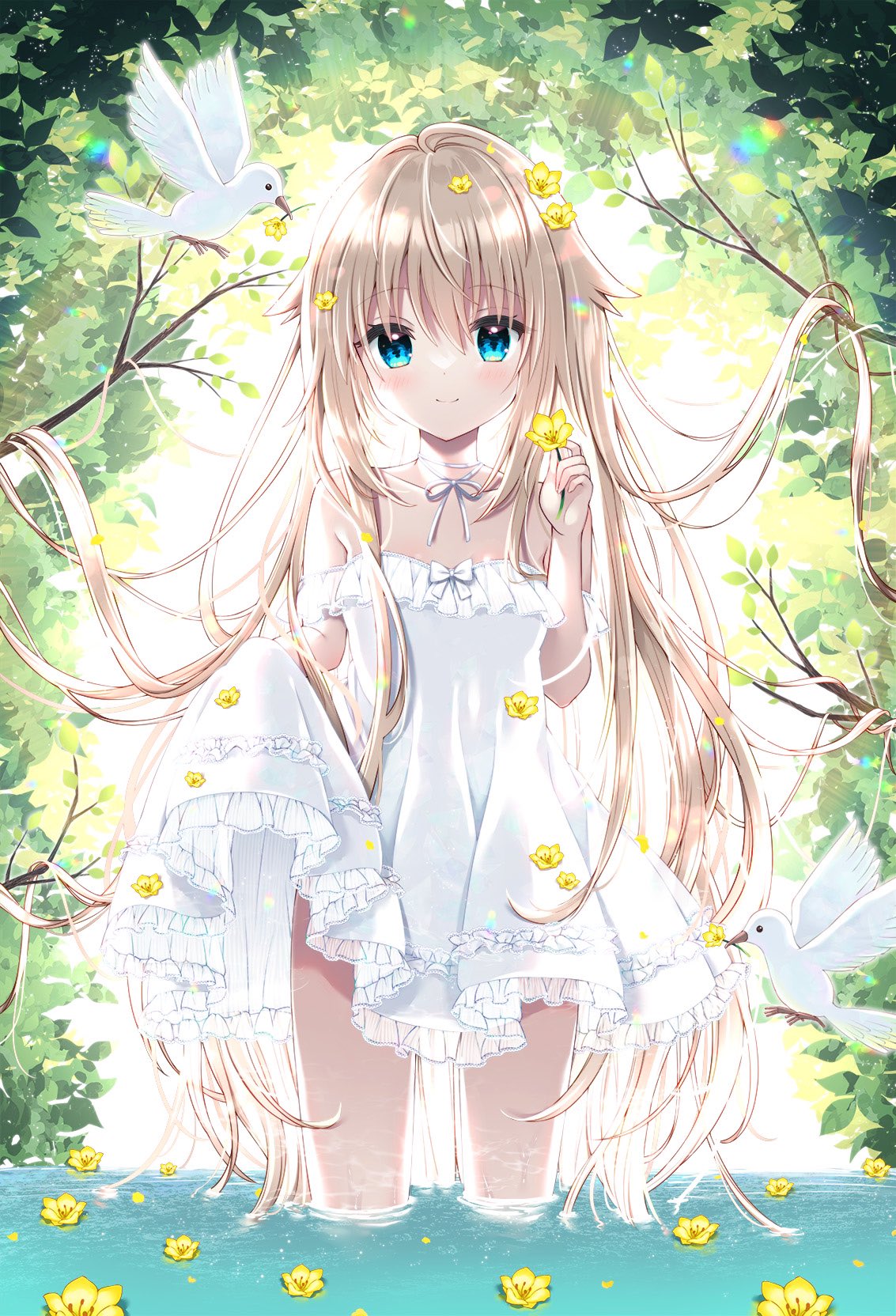 1girl, animal, bangs, bare_shoulders, bird, blonde_hair, blue_eyes, blush