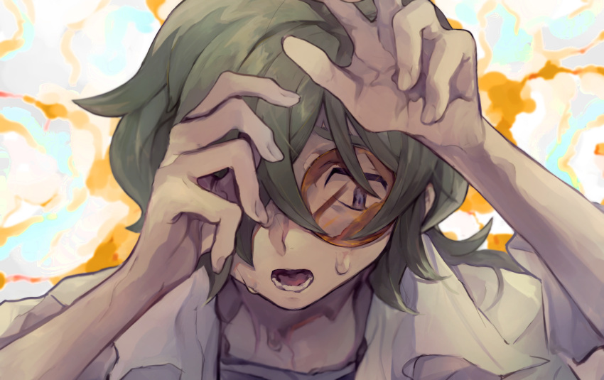 1boy, arms_up, bangs, commentary_request, green_hair, grey_eyes, highres, labcoat