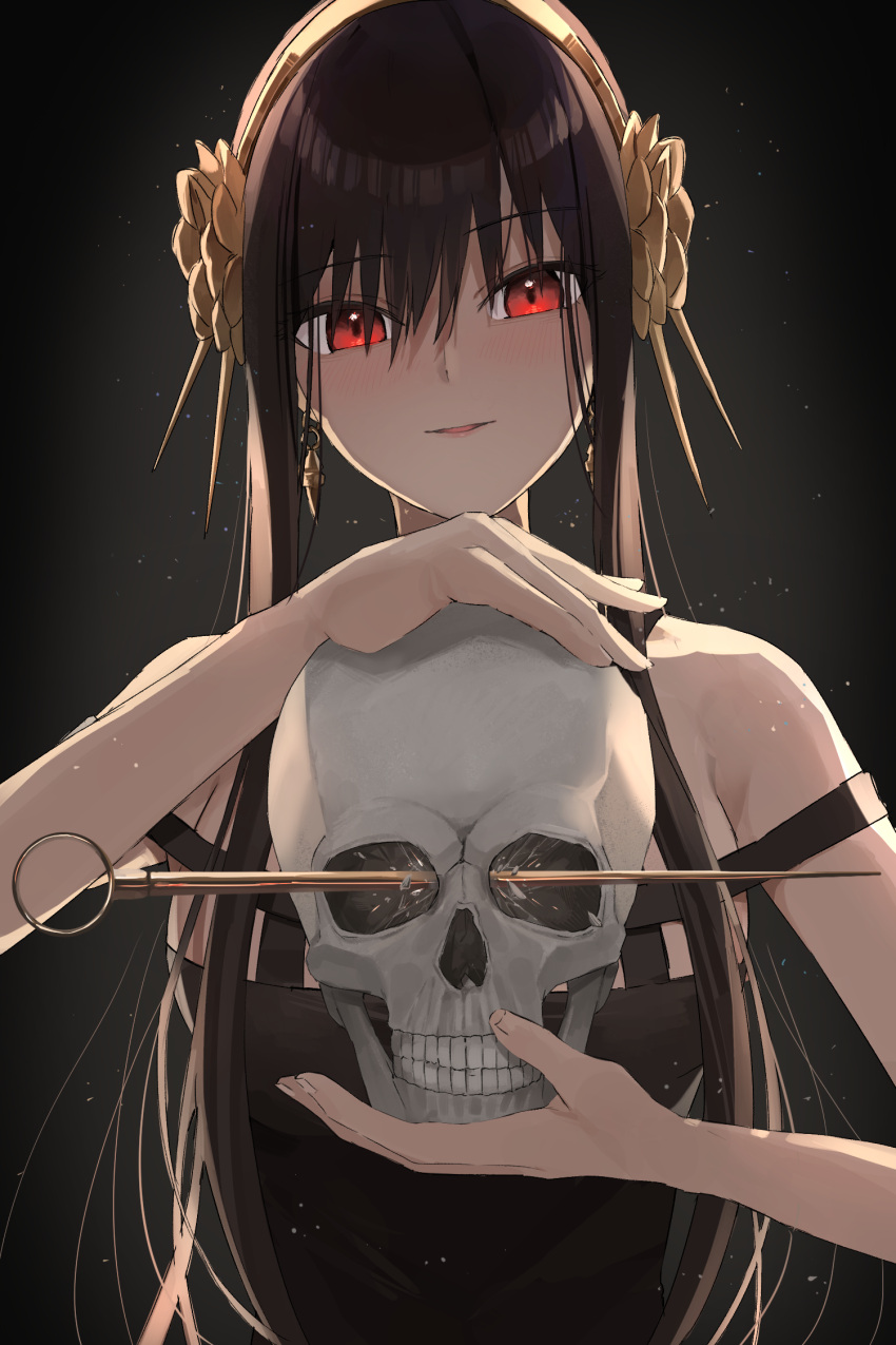 1girl, 9_no_seicho_nikki, artificial_flower, bangs, belt, black_belt, black_dress, black_hair, blush, breasts, dress, earrings, eyebrows_visible_through_hair, flower, gradient, gradient_background, hair_flower, hair_ornament, highres, holding, holding_skull, jewelry, light_particles, looking_at_viewer, medium_breasts, parted_lips, red_eyes, short_hair_with_long_locks, skull, sleeveless, sleeveless_dress, smile, solo, spy_x_family, teeth, weapon, yellow_flower, yor_briar
