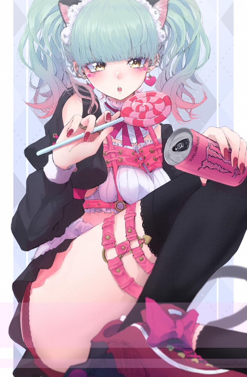 1girl, animal_ears, bangs, biburi_(precure), black_legwear, can, candy, chest_harness, dededeteiu, earrings, food, garters, gradient_hair, green_hair, hand_on_own_knee, harness, highres, holding, holding_can, holding_candy, holding_food, holding_lollipop, jewelry, kirakira_precure_a_la_mode, knee_up, lollipop, long_sleeves, looking_at_viewer, monster_energy, multicolored_hair, open_mouth, pink_hair, precure, puffy_sleeves, red_footwear, red_nails, shoes, sitting, skirt, solo, thigh-highs, twintails, two-tone_hair, yellow_eyes