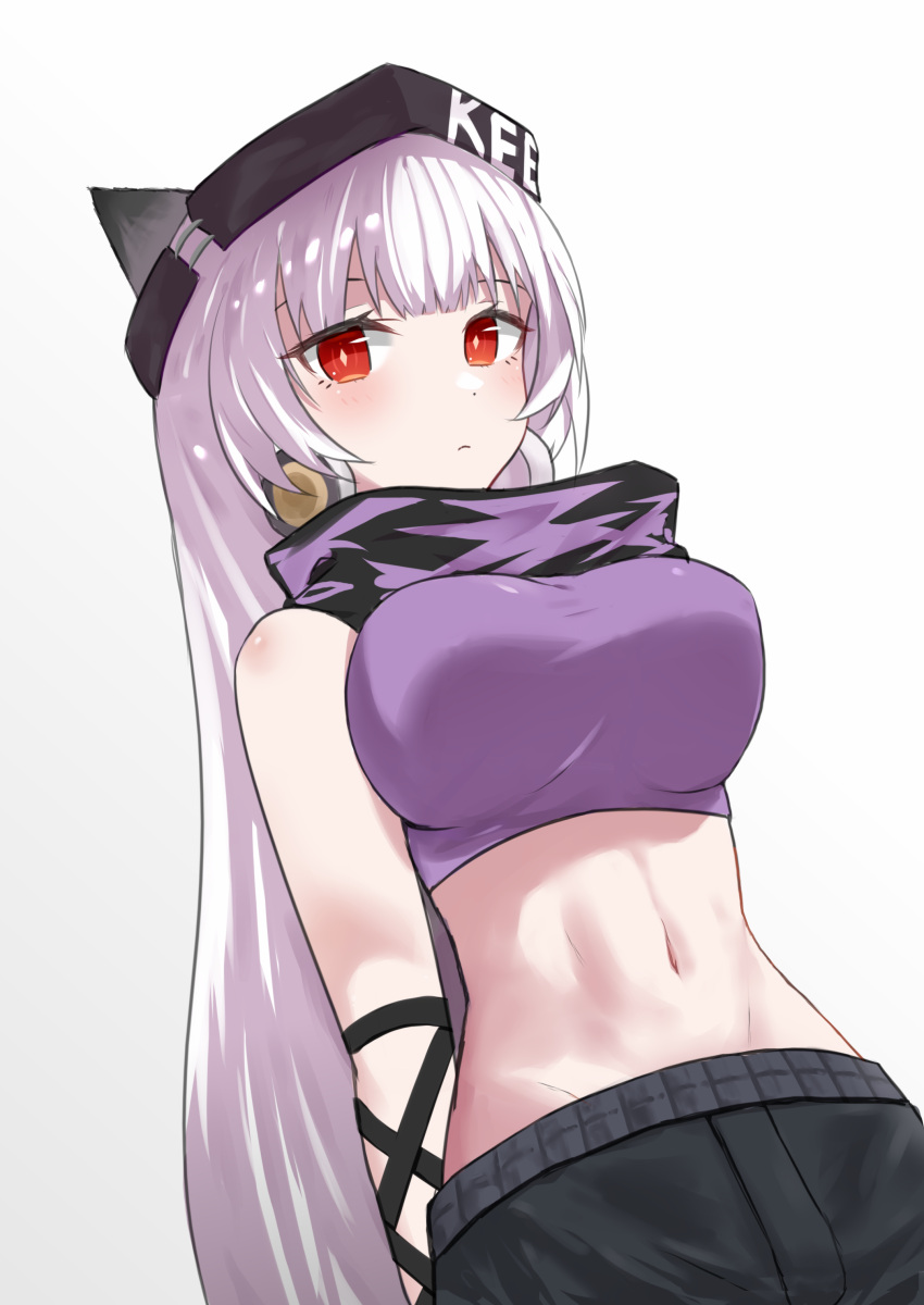 1girl, absurdres, animal_ears, arknights, bare_shoulders, black_headwear, black_pants, c2_jun