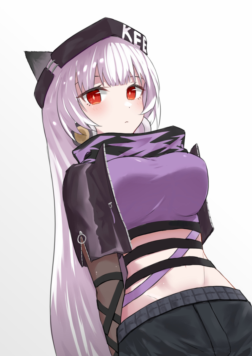 1girl, absurdres, animal_ears, arknights, black_headwear, black_jacket, black_pants, c2_jun, commentary, crop_top, cropped_jacket, fox_ears, frostleaf_(arknights), frostleaf_(break_the_ice)_(arknights), gradient, gradient_background, grey_background, highres, jacket, long_hair, looking_at_viewer, midriff, navel, official_alternate_costume, open_clothes, open_jacket, pants, purple_shirt, red_eyes, shirt, solo, stomach, upper_body, very_long_hair, white_background, white_hair