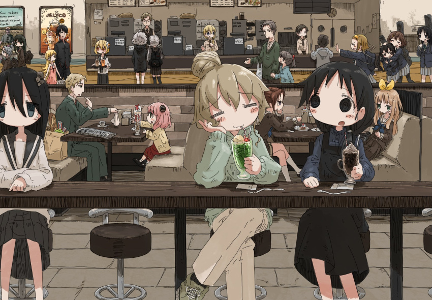 >_<, 6+girls, :3, akiyama_mio, anya_(spy_x_family), araragi_koyomi, bag, baguette