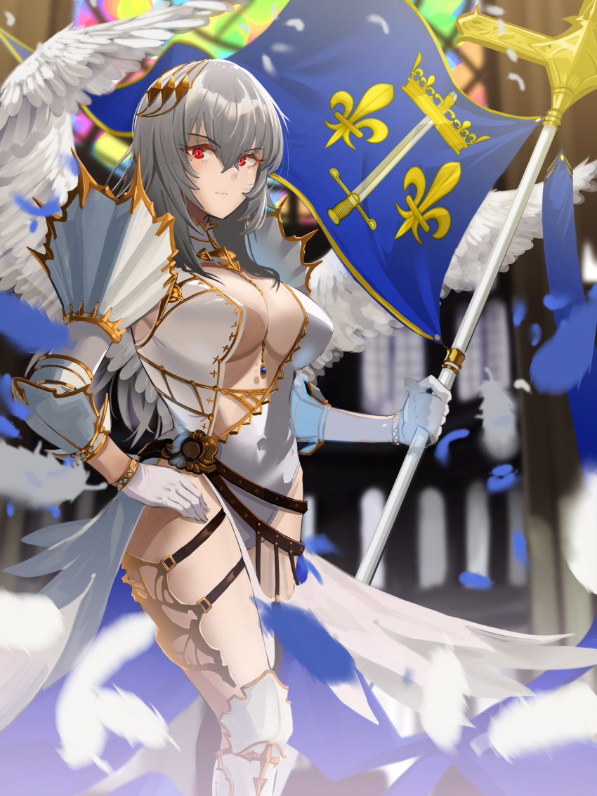 1girl, absurdres, alternate_costume, azur_lane, breasts, cathedral, center_opening, feather_dress