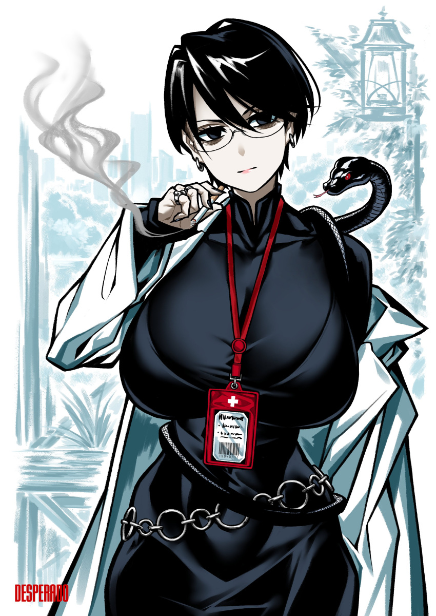 1girl, absurdres, bags_under_eyes, belt, black_dress, black_eyes, black_hair, bralines