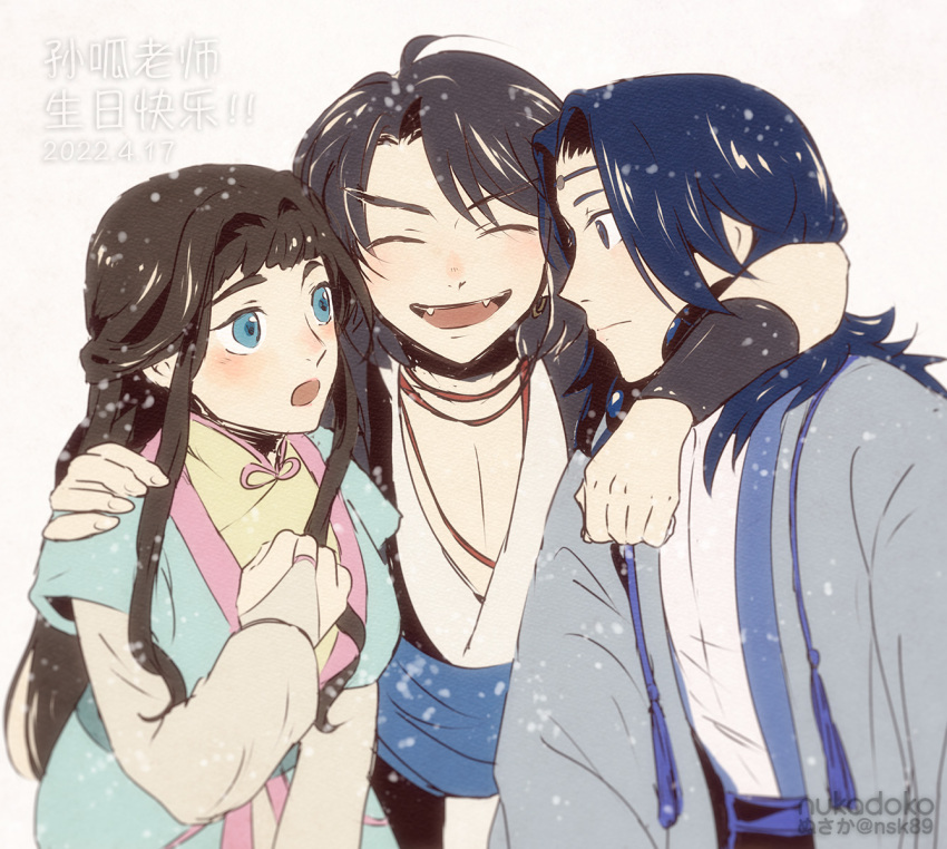 1girl, 2boys, aqua_eyes, arm_around_shoulder, bangs, black_hair, blue_hair, closed_eyes
