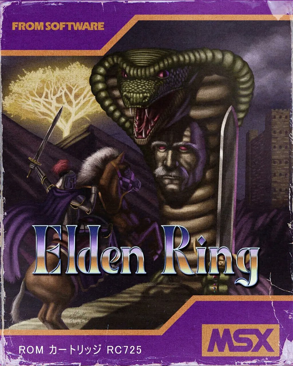 1980s_(style), 2boys, armor, blasphemous_blade, cape, cover, elden_ring, english_commentary, erdtree_(elden_ring), fake_cover, full_armor, highres, holding, holding_sword, holding_weapon, horse, horseback_riding, jewelry, knight, male_focus, mane, monster, msx, multiple_boys, multiple_rings, purple_cape, red_eyes, reins, retro_artstyle, riding, ring, rykard_lord_of_blasphemy, size_difference, snake, sword, tarnished_(elden_ring), torrent_(elden_ring), ultimate_ink_trash, weapon