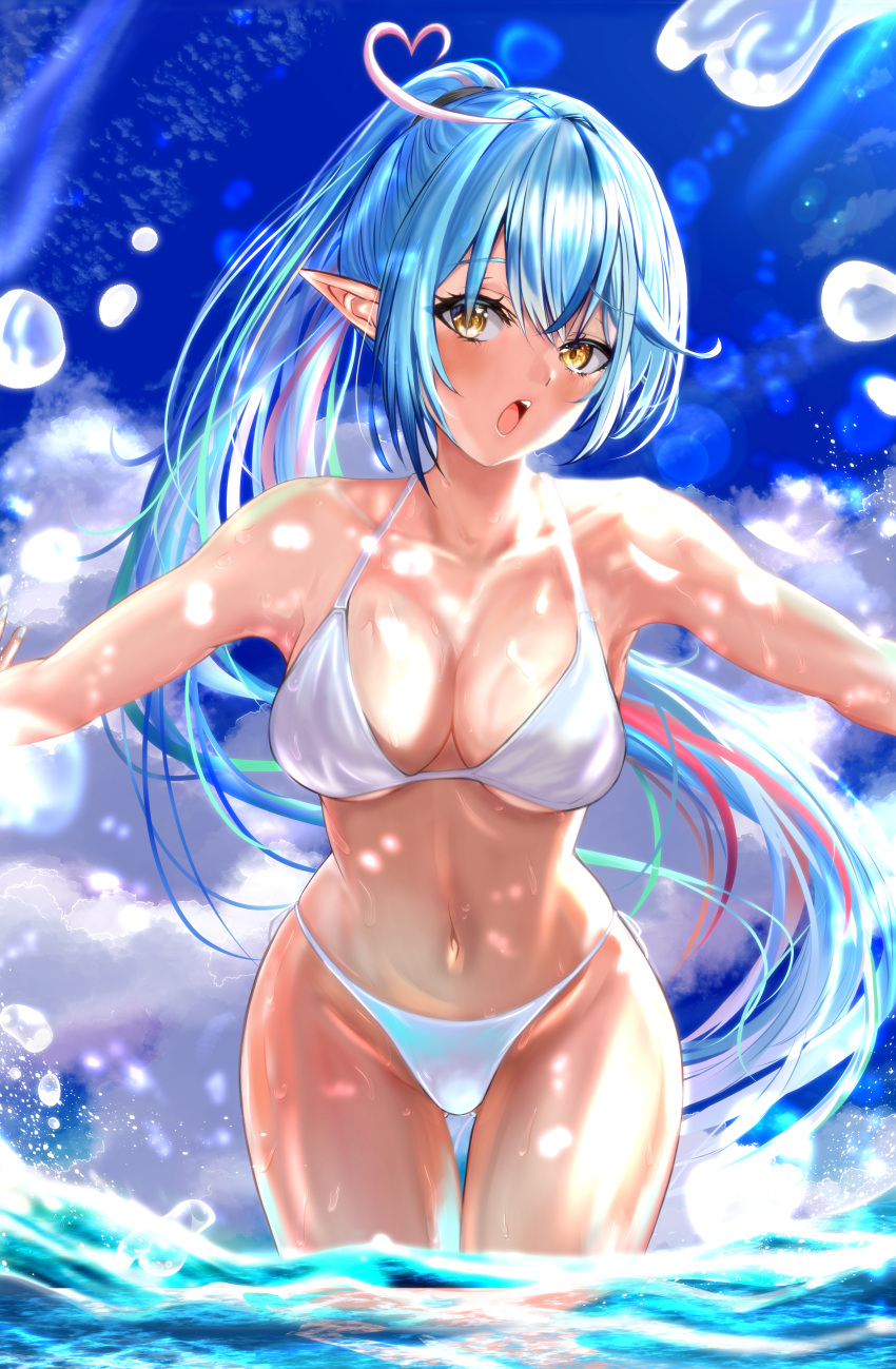 1girl, absurdres, ahoge, bangs, bikini, blue_hair, blue_sky, breasts