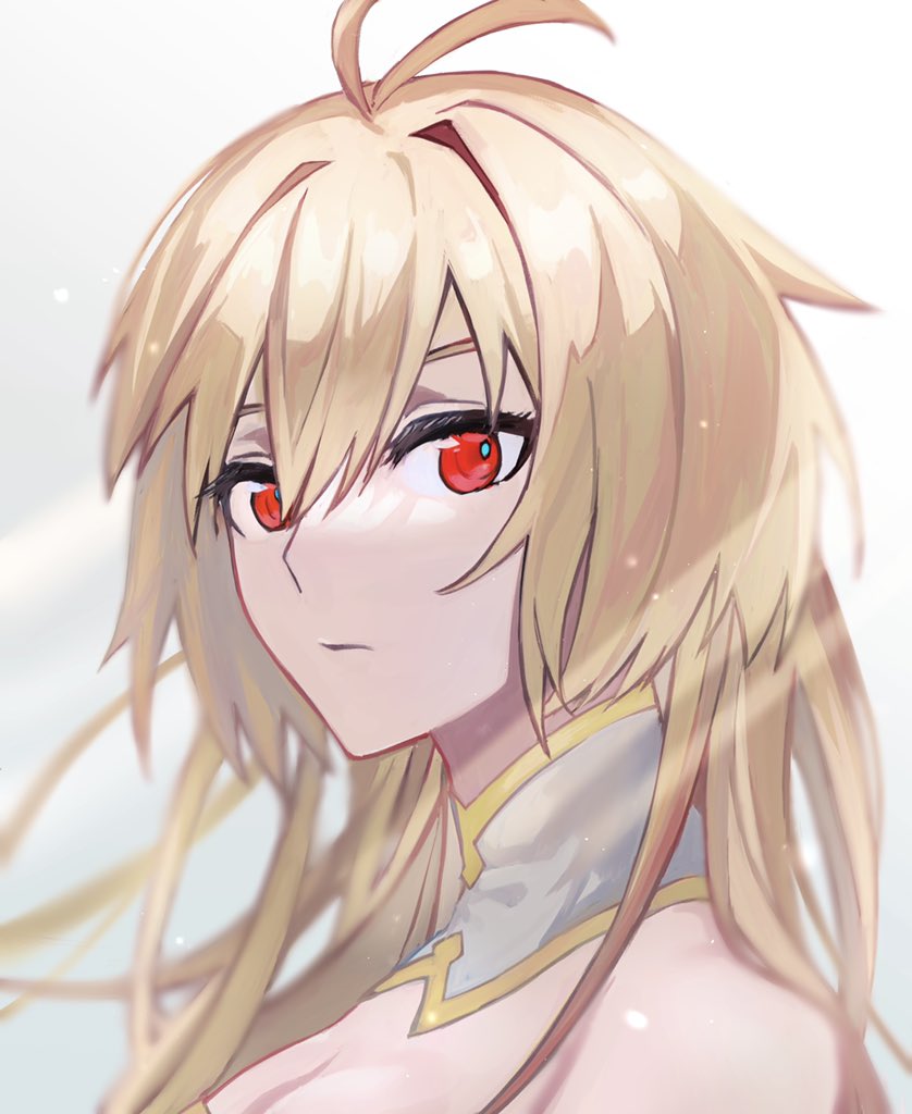 1girl, antenna_hair, archetype_earth, arcueid_brunestud, bangs, bare_shoulders, blonde_hair, closed_mouth, commentary_request, detached_collar, expressionless, long_hair, looking_at_viewer, omame_korokor, red_eyes, single_hair_intake, solo, sunlight, tsukihime, tsukihime_(remake), upper_body, very_long_hair, white_background